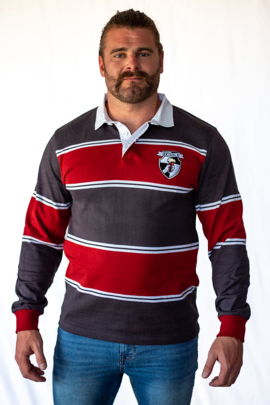 A man wearing a red and grey sociable rugby shirt